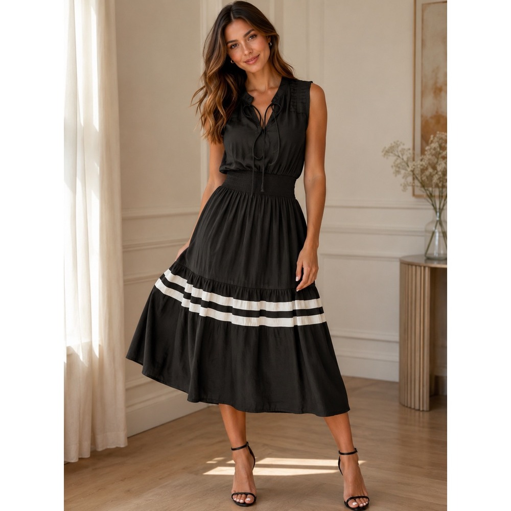 Black Sleeveless Midi Dress Smocked Waist White Stripe Hem Flowy Resort Chic